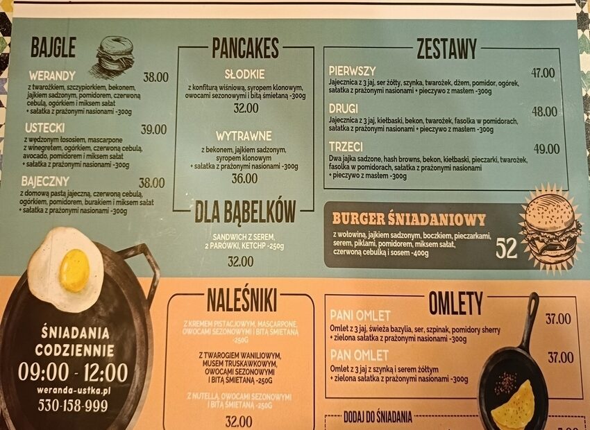 Widok menu restauracji Weranda w Ustce.